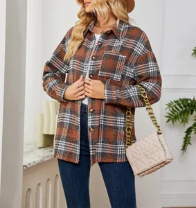Giacca camicia a quadri marrone da donna, cappotto oversize casual a maniche lunghe.