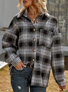Donna casual camicia giacca in flanella a quadri nero bianco manica lunga bottoni