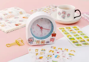 Cute cartoon alarm clock and sticker set for student journaling, diary, and desktop decor.