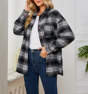 Donna casual sciolto plaid cappotto di lana manica lunga bottoni tasche moda invernal
