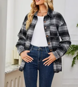 Donna giacca camicia in misto lana a quadri casual monopetto risvolto manica lunga tasca