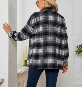 Cappotto casual in lana a quadri neri e bianchi da donna, giacca ampia a maniche lunghe.