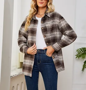 Giacca camicia quadri lana donna casual bottoni manica lunga flanella cappotto soprabito