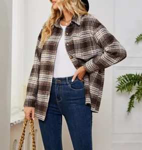 Cappotto in lana a quadri casual e ampio da donna autunno inverno giacca alla moda con bottoni