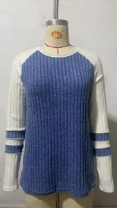 Women long sleeve colorblock ribbed sweater round neck casual knit top fall fashion