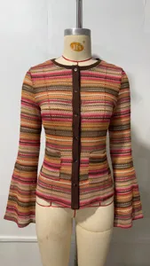 Cárdigan de Punto Mujer Ajustado Otoño Retro Multicolor Rayado Mangas Campana Top