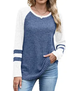 Women long sleeve color block knit top casual round neck pullover sweater fall fashion basic shirt