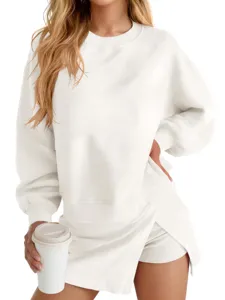 Solid color crewneck long sleeve sweatshirt and skirt two piece set for women autumn casual wear.