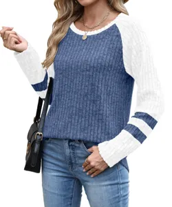 Long sleeve color block sweater casual crewneck knit pullover top for women daily wear.