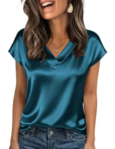 Detail view of women short sleeve satin v-neck top in teal blue, elegant summer apparel.
