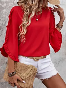 Details of the red round neck ruffle 3/4 sleeve women top, casual summer fashion blouse.