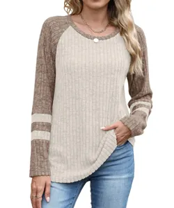 Women's casual color block long sleeve ribbed knit sweater round neck pullover top detail view