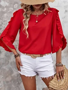 Stylish Women Red Ruffle Sleeve Blouse Casual Round Neck Summer Top For Daily Wear