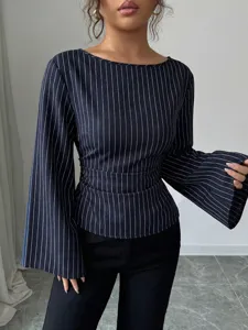 Autumn long sleeve striped blouse for women, elegant round neck casual chic shirt top.