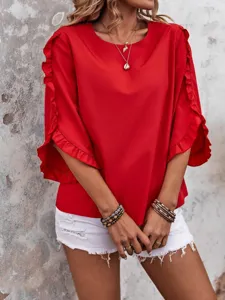Detail shot of women red top featuring round neck and layered ruffle three-quarter sleeves.
