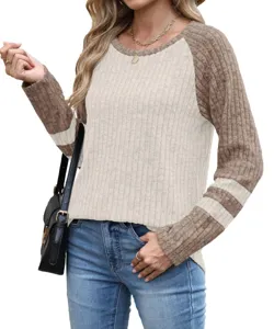 Detailed view of women casual long sleeve colorblock ribbed sweater round neck top.