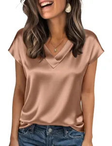 Women Satin V-Neck Short Sleeve Casual Blouse Solid Color Elegant Summer Fashion Top