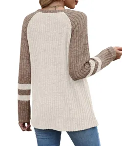 Women long sleeve colorblock knit sweater casual crewneck striped pullover top fall fashion
