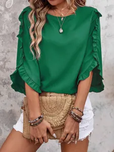 Green round neck ruffle 3/4 sleeve women's blouse, casual chic spring summer top fashion.