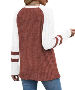 Back view of women long sleeve color block ribbed sweater crew neck casual autumn top
