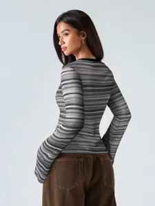 Mujer otoño top de punto rayas manga acampanada corte ajustado jersey chic moda