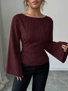 Burgundy pinstripe long sleeve blouse with flare sleeves and chic waist design for autumn.