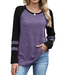 Detailed view of womens long sleeve colorblock waffle knit crewneck sweater top