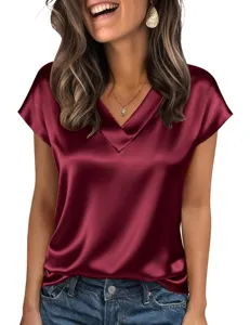 Burgundy satin V-neck short sleeve top, elegant solid color casual blouse for women.