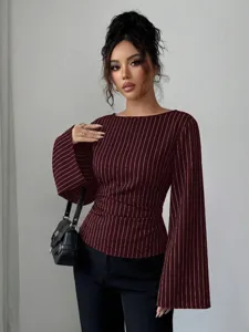 Chic burgundy pinstripe long sleeve blouse with elegant round neck for autumn casual style.