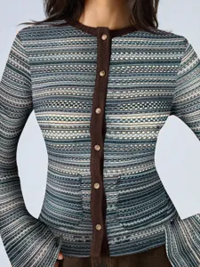 Cárdigan de punto slim para mujer elegante top a rayas con mangas acampanadas botón otoño