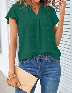 Women's Short Sleeve V-Neck Swiss Dot Chiffon Blouse Summer Ruffle Casual Top Shirt