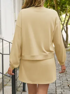 Solid color crewneck long sleeve sweatshirt matching skirt two piece set for women autumn casual