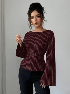 Womens Striped Long Sleeve Blouse Casual Round Neck Bell Sleeve Fall Fashion Topwear