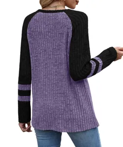 Women's color block long sleeve round neck waffle knit top casual pullover shirt.
