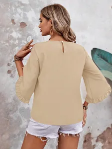 Women's crew neck bell sleeve solid top summer casual elegant blouse shirts for daily wear