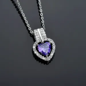 Stunning purple heart cubic zirconia pendant necklace with sparkling pavé stones for women gift.