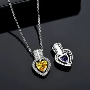 Heart necklace set with multi-color cubic zirconia stones, elegant pendant jewelry for women.