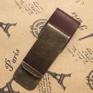 Vintage bronze metal pen clip with leather loop for journal notebook planner stationery accessories