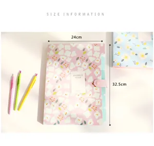 Korean floral 6-pocket accordion folder, PP material file organizer with snap closure 24x32.5cm