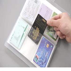 Detailed view of transparent card holder interior featuring multiple clear pockets.