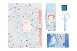 Korean style floral accordion folder stationery set with cute pencil case, scissors, and notepad.