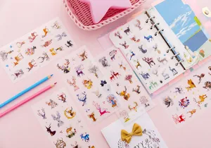Watercolor deer stickers for journal planner scrapbooking, cute PVC waterproof aesthetic stationery.
