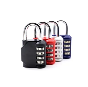 Close-up detail of large 4-digit combination padlocks in multiple colors for luggage and gym lockers.
