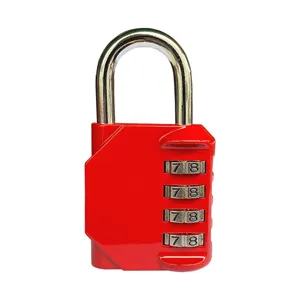 Detail view of a durable red 4-digit combination padlock for gym lockers and luggage.