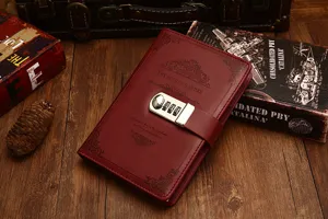 Vintage A5 leather notebook with combination lock, retro diary journal for business office.