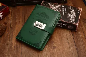 Vintage A5 leather notebook with combination lock, green diary journal for business and daily writing.