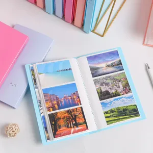 Detailed view of blue card holder page with transparent slots displaying landscape photos.
