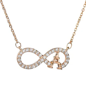 Rose gold plated infinity Eiffel Tower necklace with sparkling cubic zirconia crystals for women.