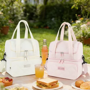 Insulated Lunch Bag Double Layer Quilted Cooler Bag Waterproof Thermal Bento Pouch With Shoulder Strap For Women