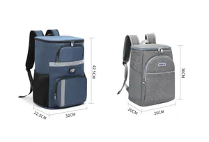 Insulated cooler backpack detail view showing dimensions, front pockets and dual shoulder straps.